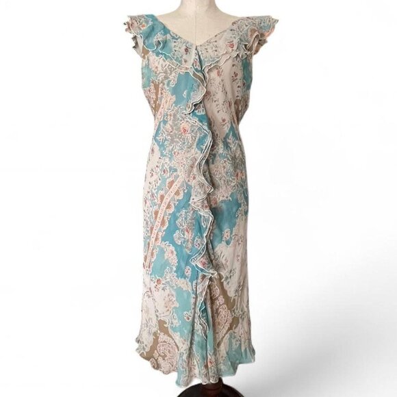 David Warren Dresses & Skirts - Vintage Y2K 100% Silk Paisley Print Dress with Ruffles - Midi Dress - Size 16